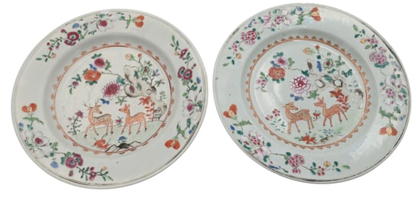 Set of Eight Chinese Famille Rose Plates with Deer and Floral Decoration