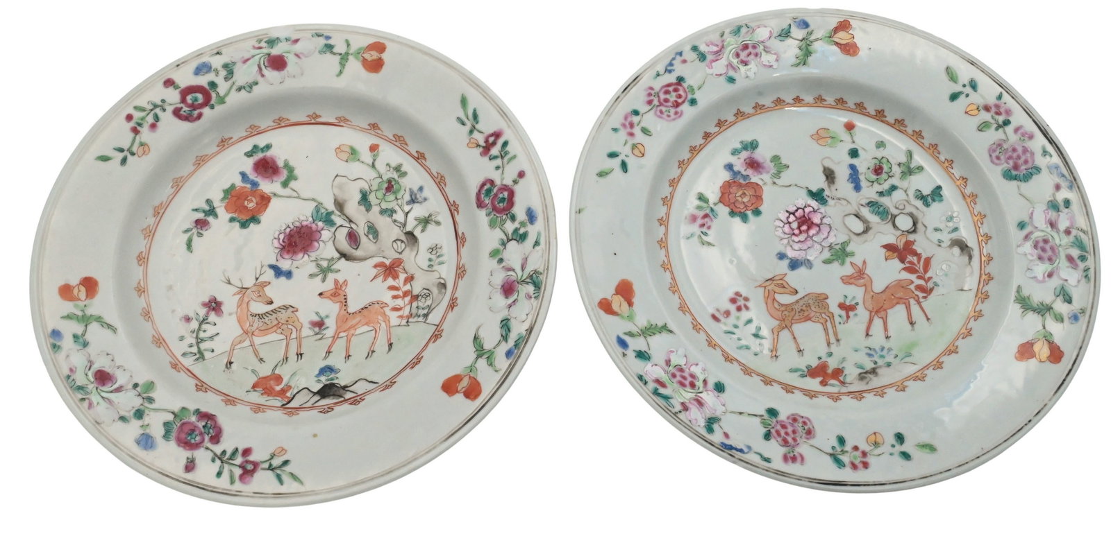 Set of Eight Chinese Famille Rose Plates with Deer and Floral Decoration: Set of Eight Chinese Famille Rose Plates with Deer and Floral Decoration Each decorated with a central scene of two deer in a rocky landscape among flowering plants, within a border of scattered flora
