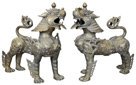 Large Pair of Heavy Chinese Bronze/Brass Guardian Foo Dogs