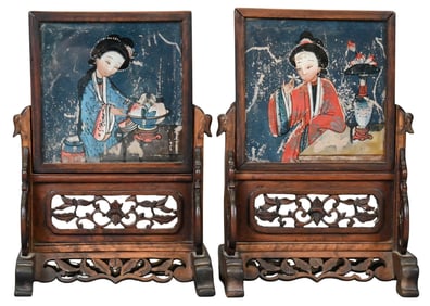 Pair of Chinese Table Screens with Reverse-Painted Panels