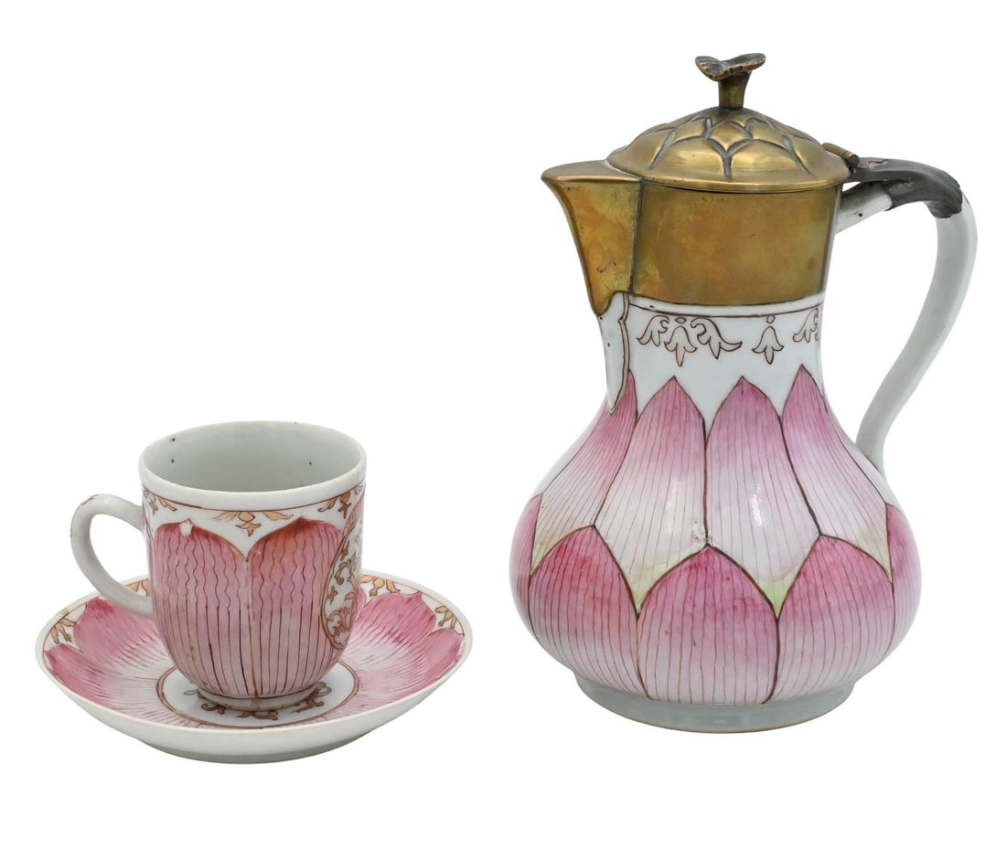 Chinese Pink Lotus Petal Ewer, Tea Cup, and Saucer: Chinese Pink Lotus Petal Ewer, Tea Cup, and Saucer ewer with brass and pewter spout, 18th century height 7 inches Provenance: Property from a Upper East Side, New York City Apartment