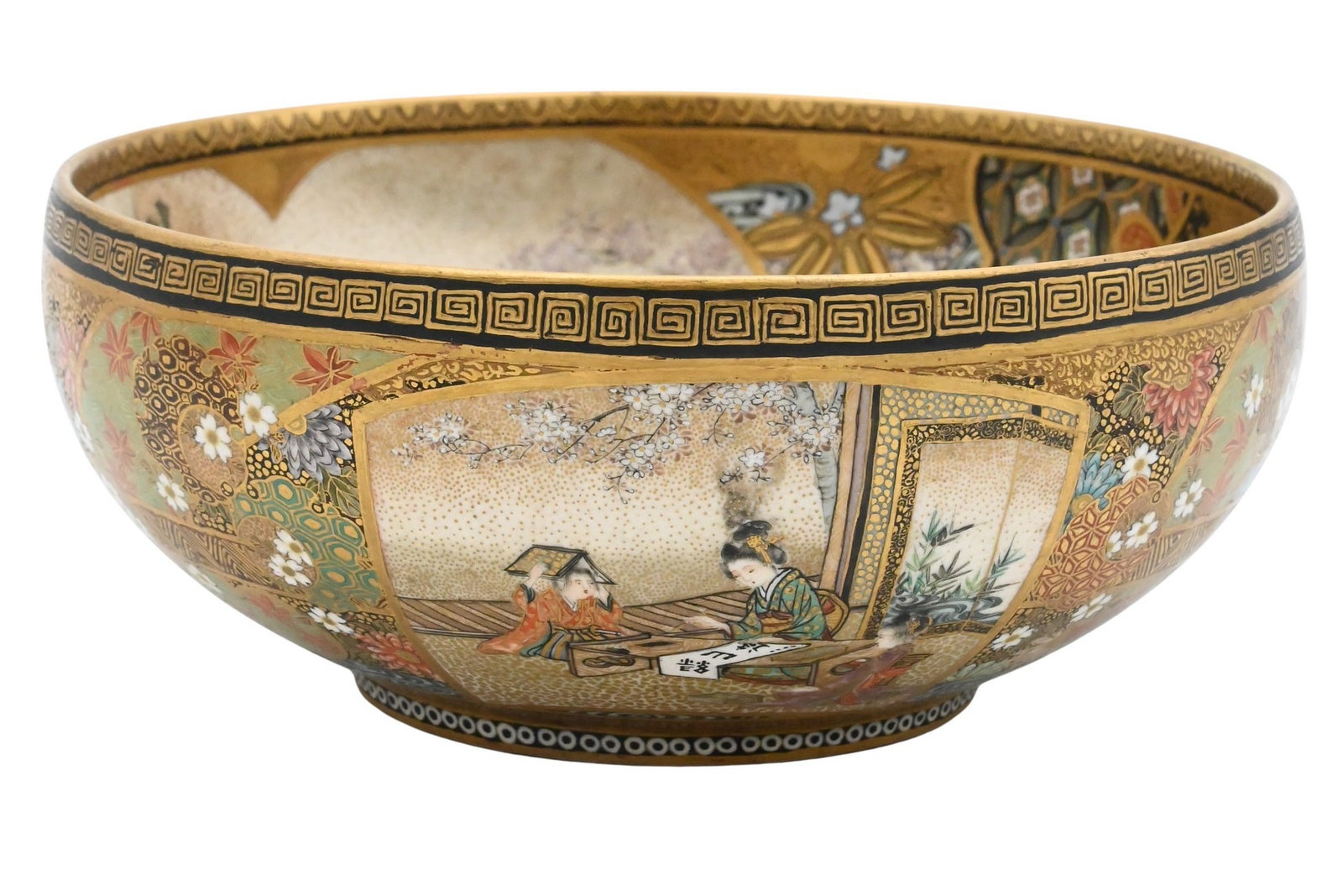 Japanese Satsuma Bowl: Japanese Satsuma Bowl Meiji Period, Late 19th Century A finely painted Japanese Satsuma bowl, the interior decorated with an elaborate figural scene of scholars and attendants in a pavilion and garden