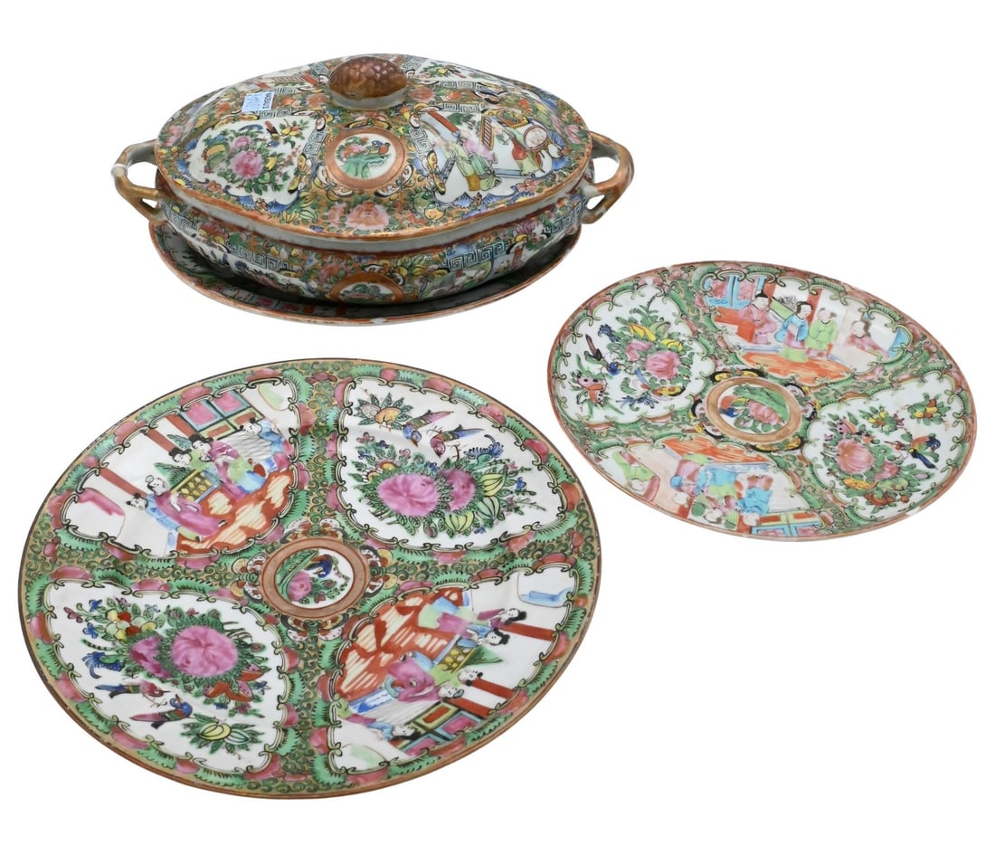 Group of Rose Famille Porcelain: Group of Rose Famille Porcelain 19th century to include a covered serving dish, soup bowls, small bowls 12 dinner plates, 4 luncheon plates, 4 saucers, etc Provenance: Property from a Upper East Side,