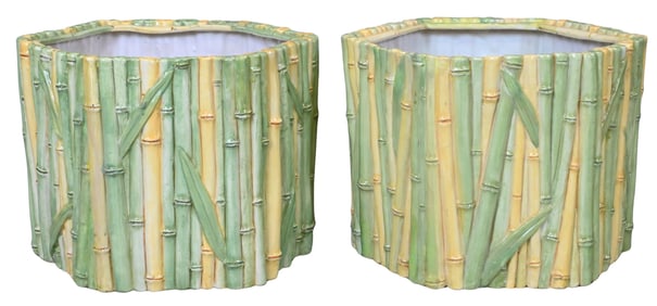 Pair of Hexagonal Glazed Porcelain Bamboo Planters