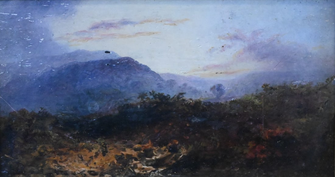 Attributed John Joseph Enneking (American 1841-1916): Attributed John Joseph Enneking (American 1841-1916) Impending Autumn Storm in the New England Mountains a small atmospheric landscape depicting rolling violet-blue mountains beneath a glowing twiligh