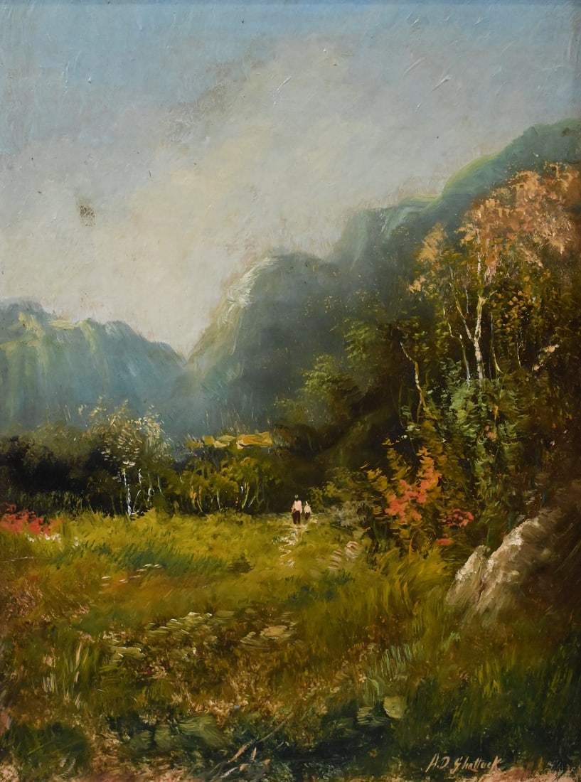 Attributed to Aaron Draper Shattuck (American 1832-1928): Attributed to Aaron Draper Shattuck (American 1832-1928) "View of the Valley" Oil on board Signed lower right A.D.Shattuck 13" x 10" Provenance: Duck River Antiques 5/19/1984 ($450)