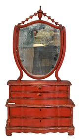 A Red Japanned Dressing Mirror on Table Top Chest