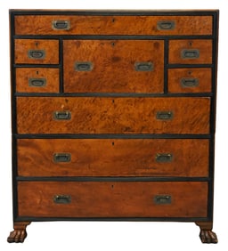 Burl Walnut Campaign Chest with Secretary Drawer