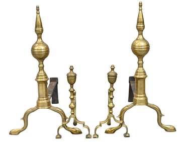Pair of Federal Brass Steeple-Top Andirons with Large Stops, and Brass Tool Holders