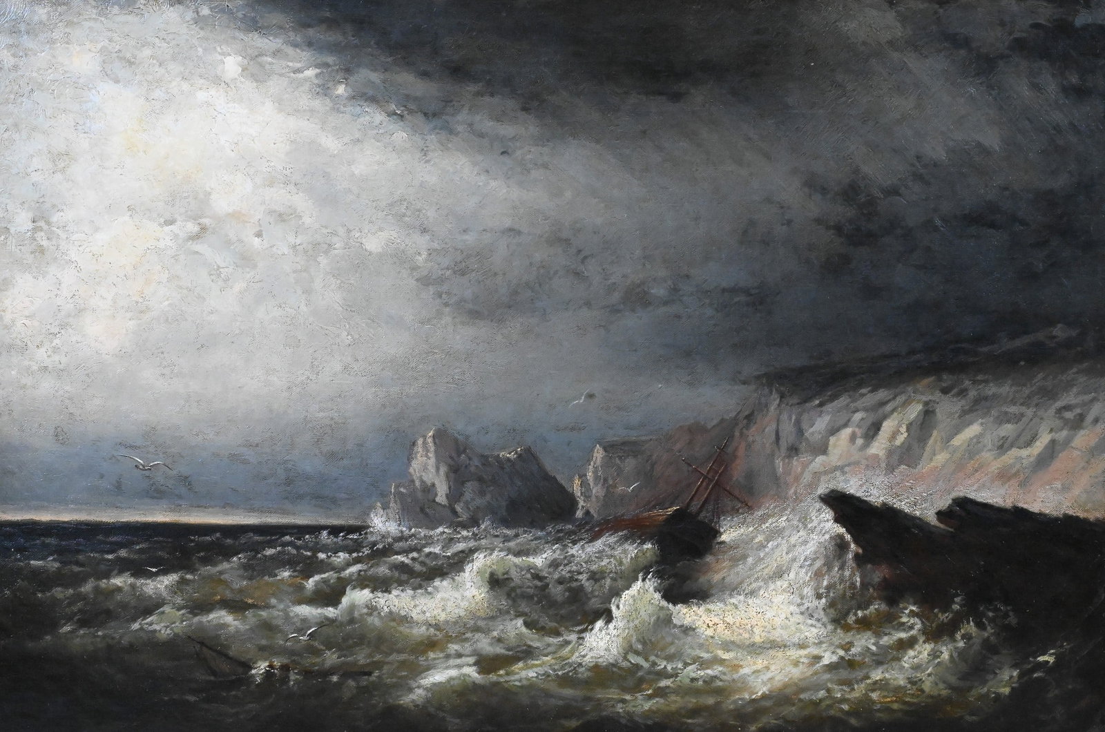 Allan James Stover (American 1887-1967): Allan James Stover (American 1887-1967) "The Wreck, St. Ives" Depicting a seascape ship battling waves off a rugged coastline beneath a storm-laden sky, rendered with dramatic contrasts of light and d