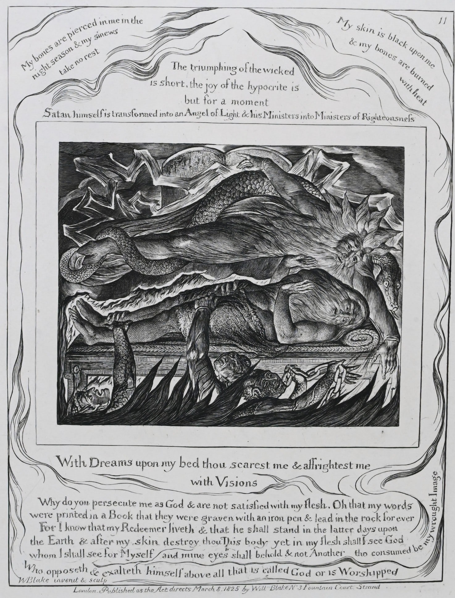 William Blake (British 1757-1827): William Blake (British 1757-1827) Illustrations of the Book of Job, Plate 11: “With Dreams upon my Bed thou scarest me & affrightest me with Visions” Engraving on paper, dated 1825 in plate, p