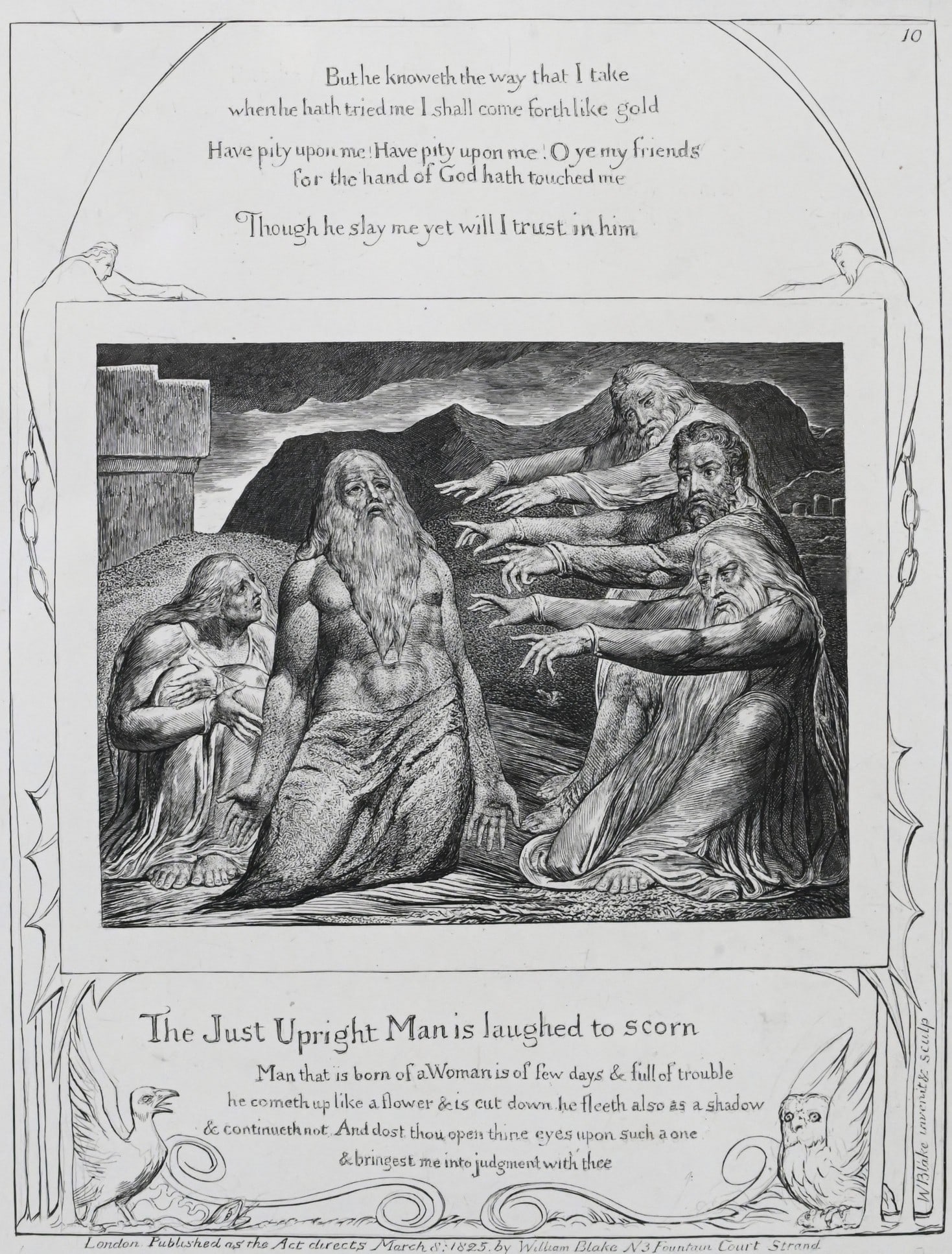 William Blake (British 1757-1827): William Blake (British 1757-1827) Illustrations of the Book of Job, Plate 10: “The Just Upright Man is Laughed to Scorn” Engraving on paper, dated 1825 in plate, published 1826. Job mocked by