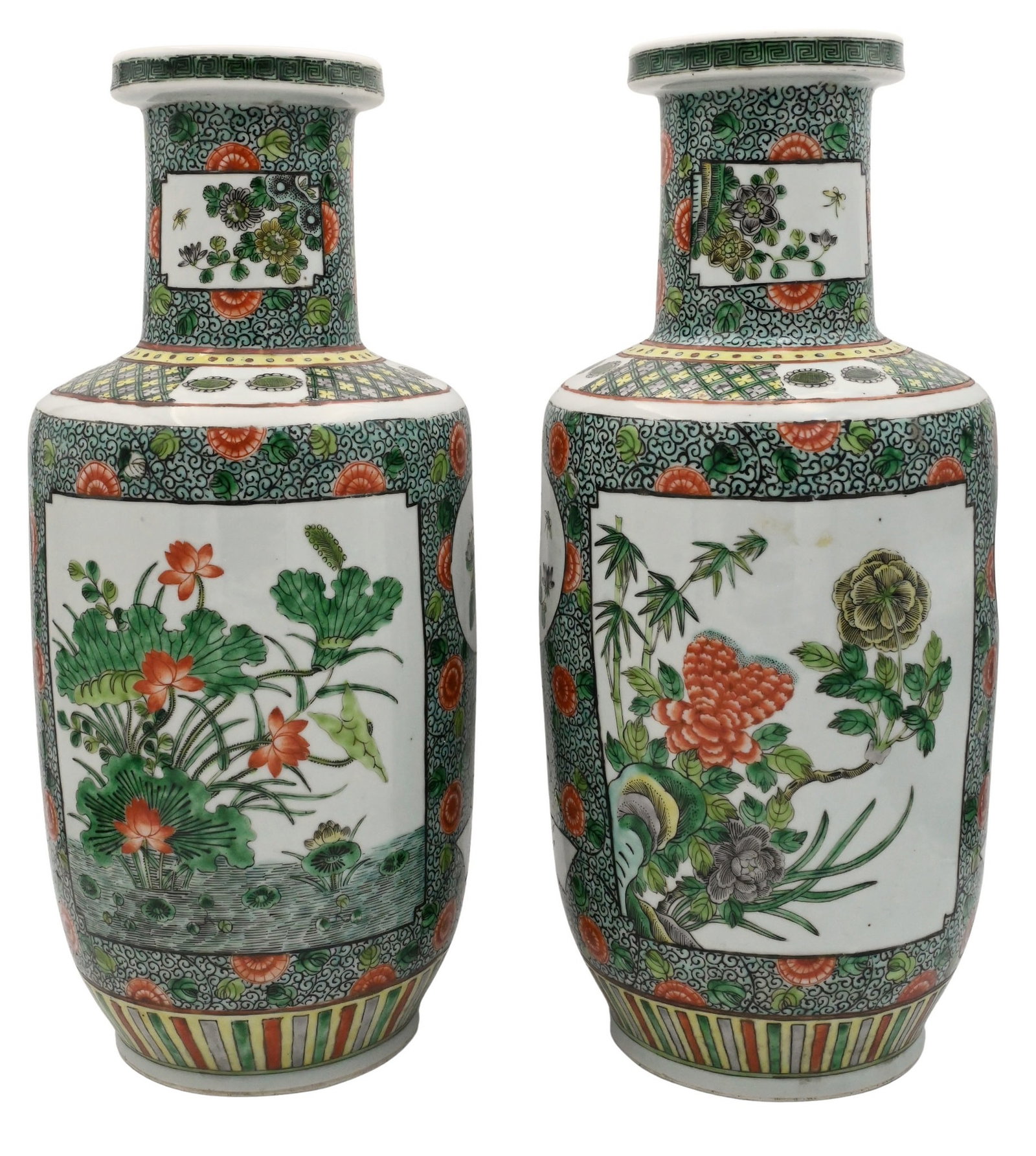 Pair of Chinese Famille Verte Rouleau Vases: Pair of Chinese Famille Verte Rouleau Vases both decorated in the Kangxi manner with dense chrysanthemum and scrolling foliage grounds, inset with rectangular and round reserves depicting flowers, ins