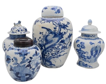 Group of Four Chinese Blue and White Porcelain Covered Jars
