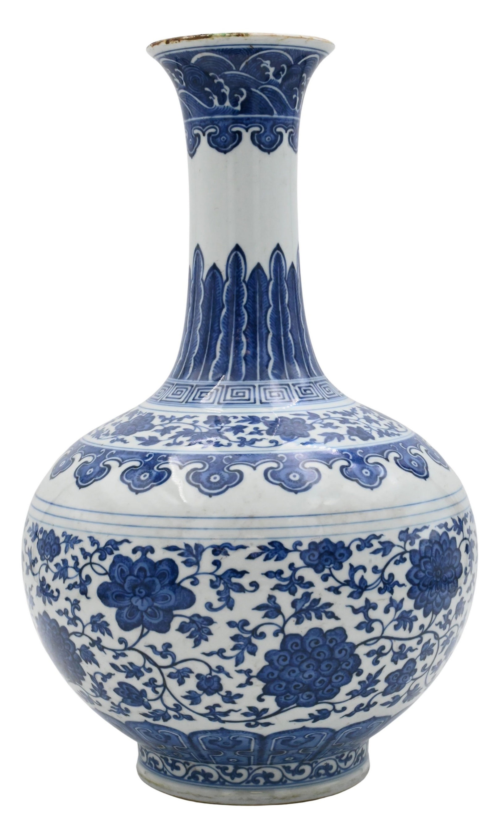 Large Chinese Blue and White Porcelain Vase: Large Chinese Blue and White Porcelain Vase Qing Dynasty, 19th Century A large Chinese porcelain vase with elongated neck and bulbous body, decorated in underglaze blue with lotus scrolls and foliate 