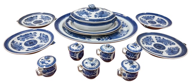 14 Piece Group of Chinese Export Fitzhugh Blue and White Porcelain