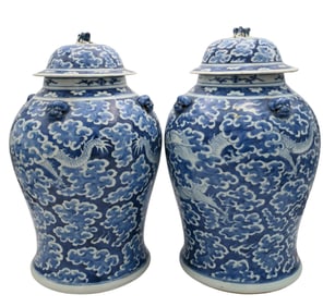 Pair of Chinese Export Porcelain Blue and White Covered Jars