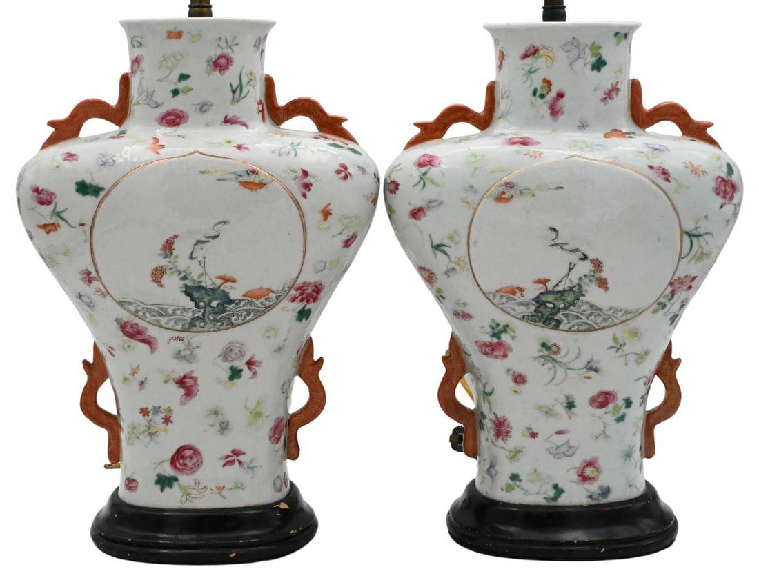 Pair of Chinese Famille Rose Compressed Baluster Vase / Lamps