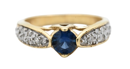 14K Yellow Gold Ring Set with Round Blue Sapphire and Inlaid Diamonds
