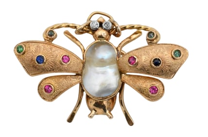 18K Yellow Gold Butterfly Brooch/Pendant with Baroque Pearl and Gemstones