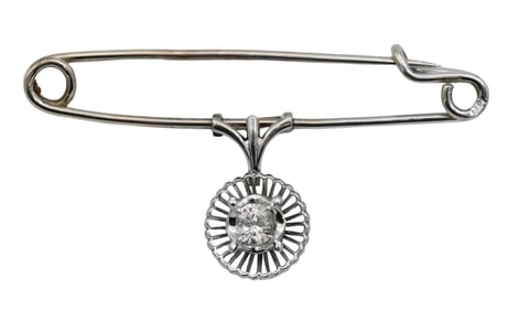 14K White Gold Safety Pin Brooch having Diamond Pendant set in 18K