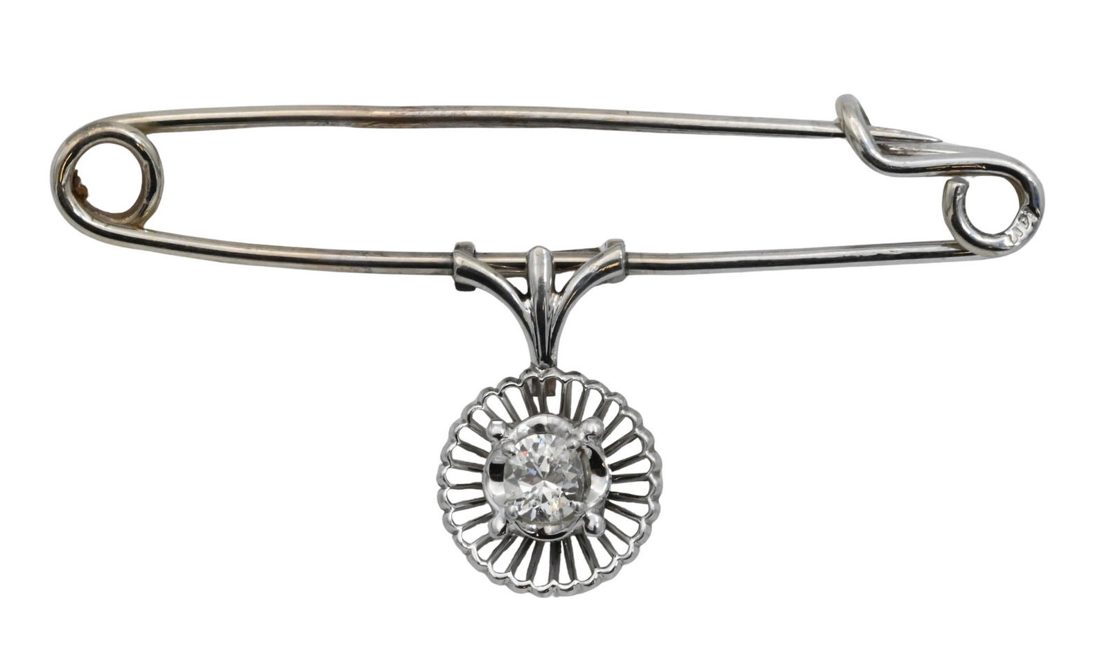14K White Gold Safety Pin Brooch having Diamond Pendant set in 18K (1 of 3)