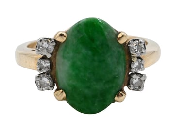 14K Yellow Gold Ring with Oval Jade and Diamonds