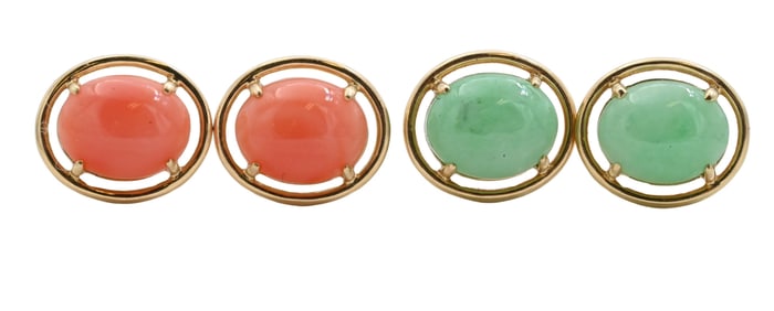 Two Pairs of Gump's 14K Yellow Gold Earrings with Jade and Coral