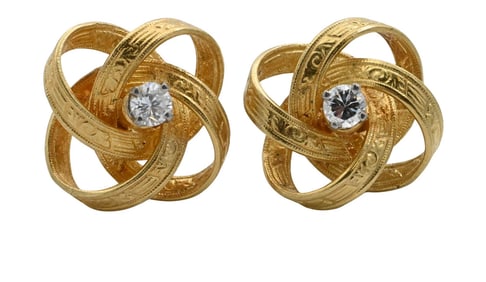 18K Yellow Gold Earrings of Interloped Knot Design with Engraved Detailing