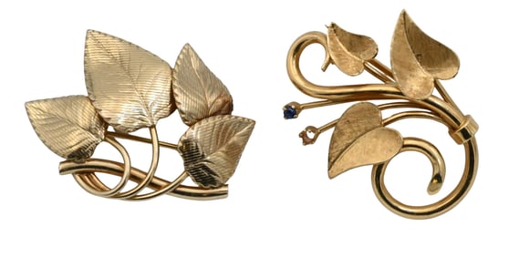Two 14K and 18K Yellow Gold Leaf Brooches