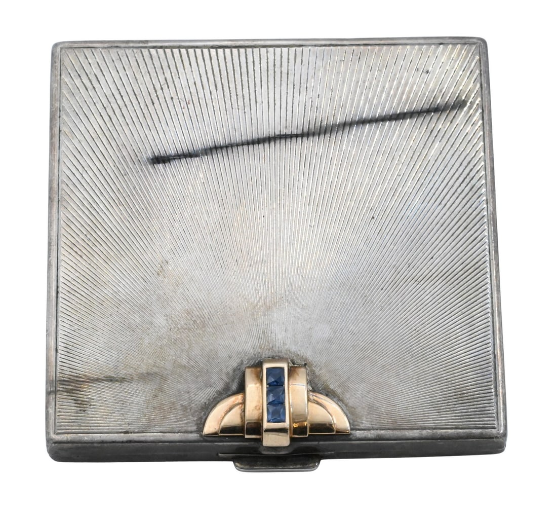 Black Starr & Frost Sterling and 14K Compact: Black Starr & Frost Sterling and 14K Compact having three blue gemstones, possibly sapphire complete with mirror, marked interior 3" x 3"