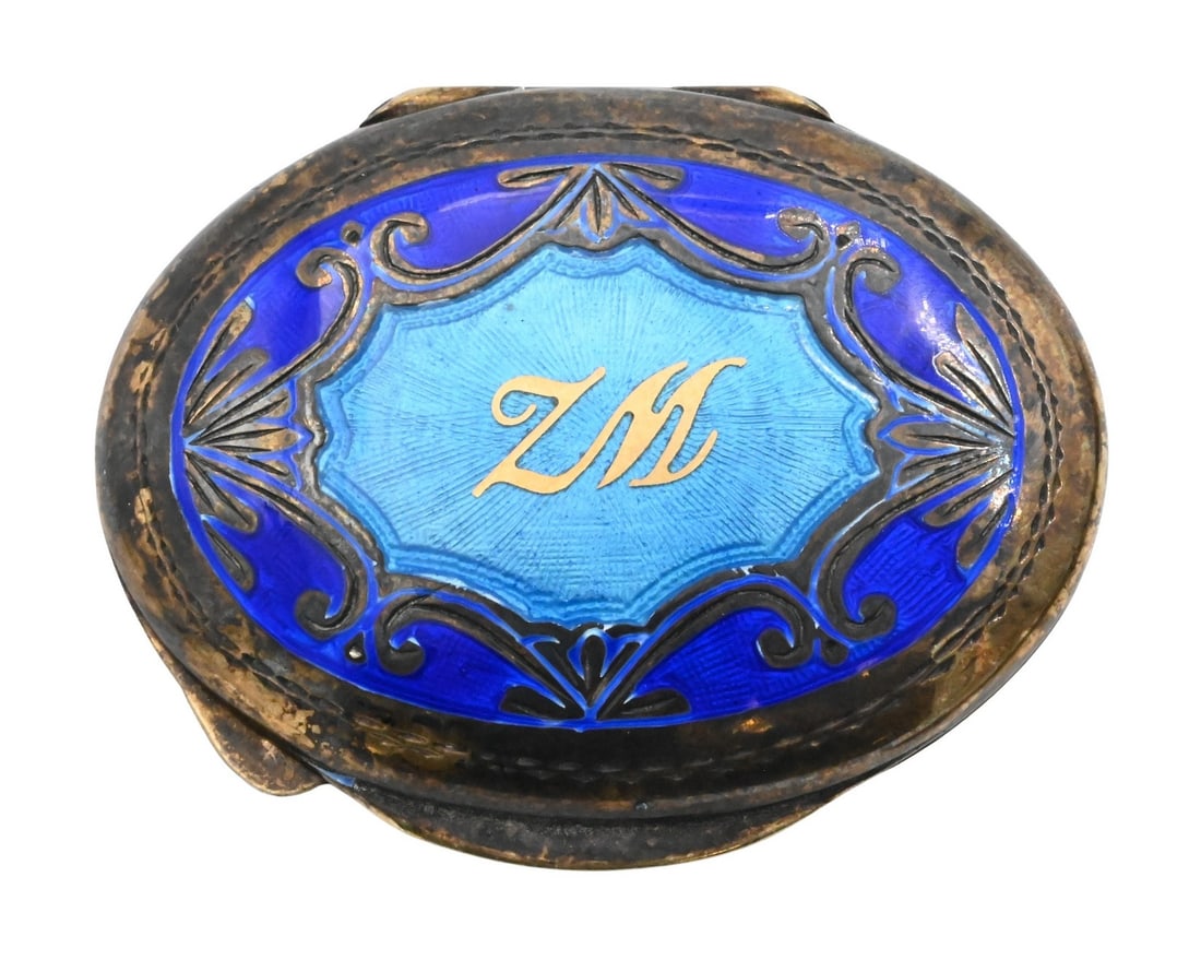 French Antique Silver Enameled Pill Box: French Antique Silver Enameled Pill Box oval form having enameled top with gold ZM initials, gold wash interior, marked 925
