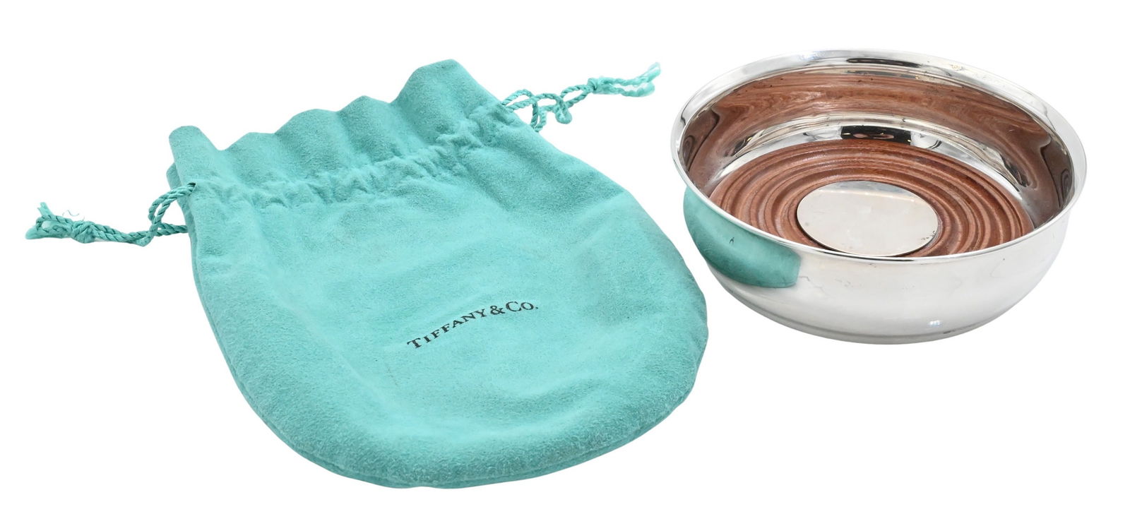 Tiffany & Co. Sterling Silver Wine Coaster: Tiffany & Co. Sterling Silver Wine Coaster Circular sterling silver wine coaster with stepped removable wooden interior insert, marked Tiffany & Co. .925 Sterling. Accompanied by original Tiffany & Co