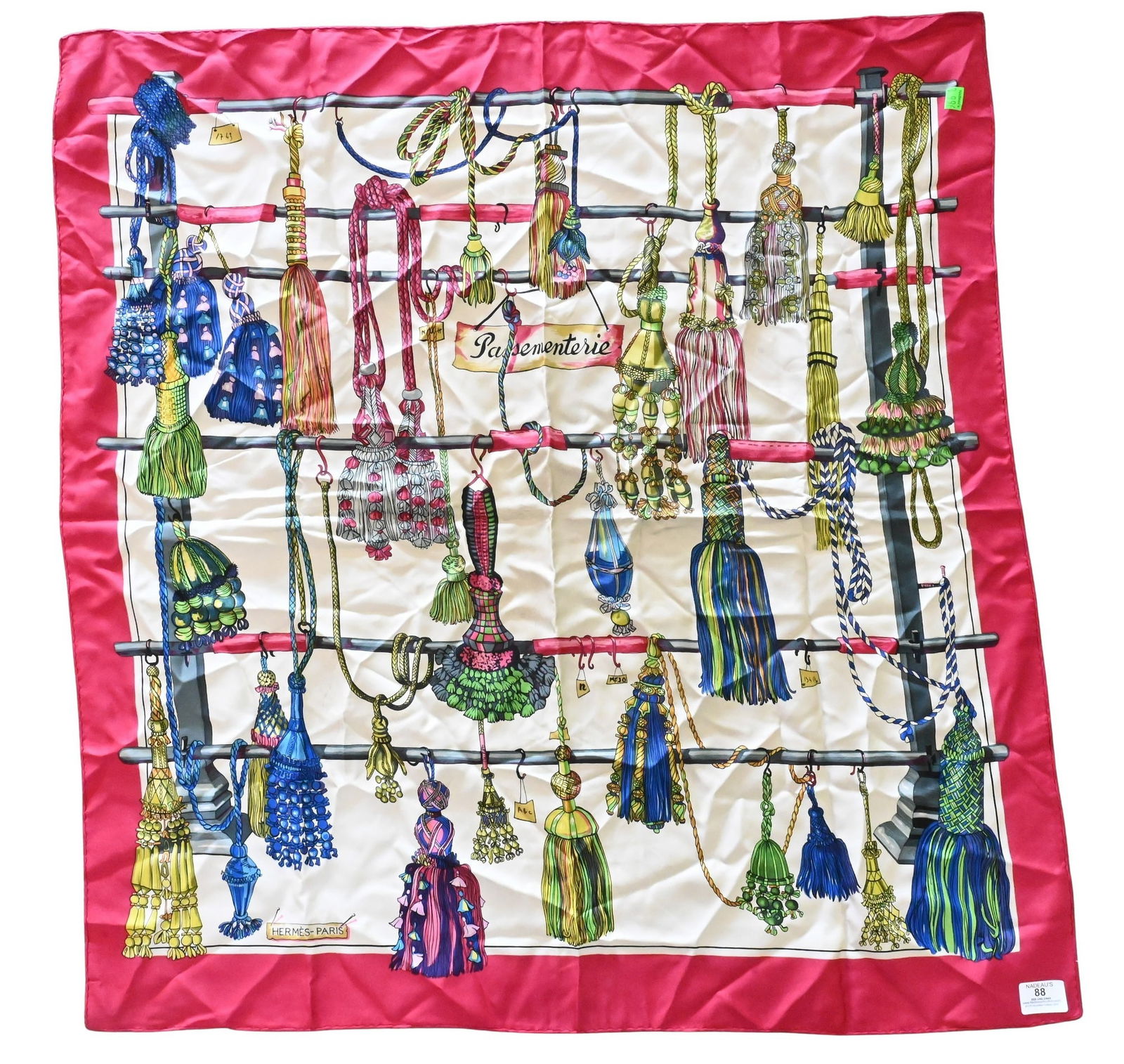 Hermès Paris "Passementerie" Silk Scarf: Hermès Paris "Passementerie" Silk Scarf Designed by Françoise Heron, first issued 1960 Vibrantly printed silk twill scarf depicting elaborate tassels and cords in shades of blue, green, pink