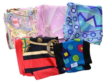 Group of Six Designer Silk Scarves