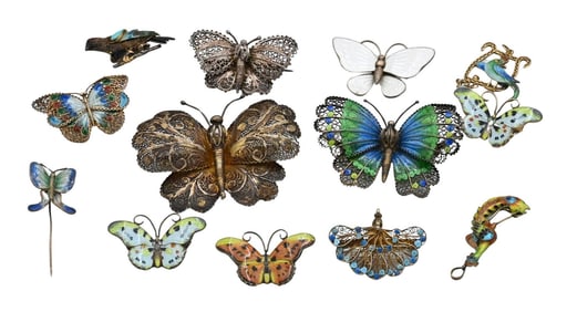 13 Piece Silver and Enameled Butterfly Jewelry Lot