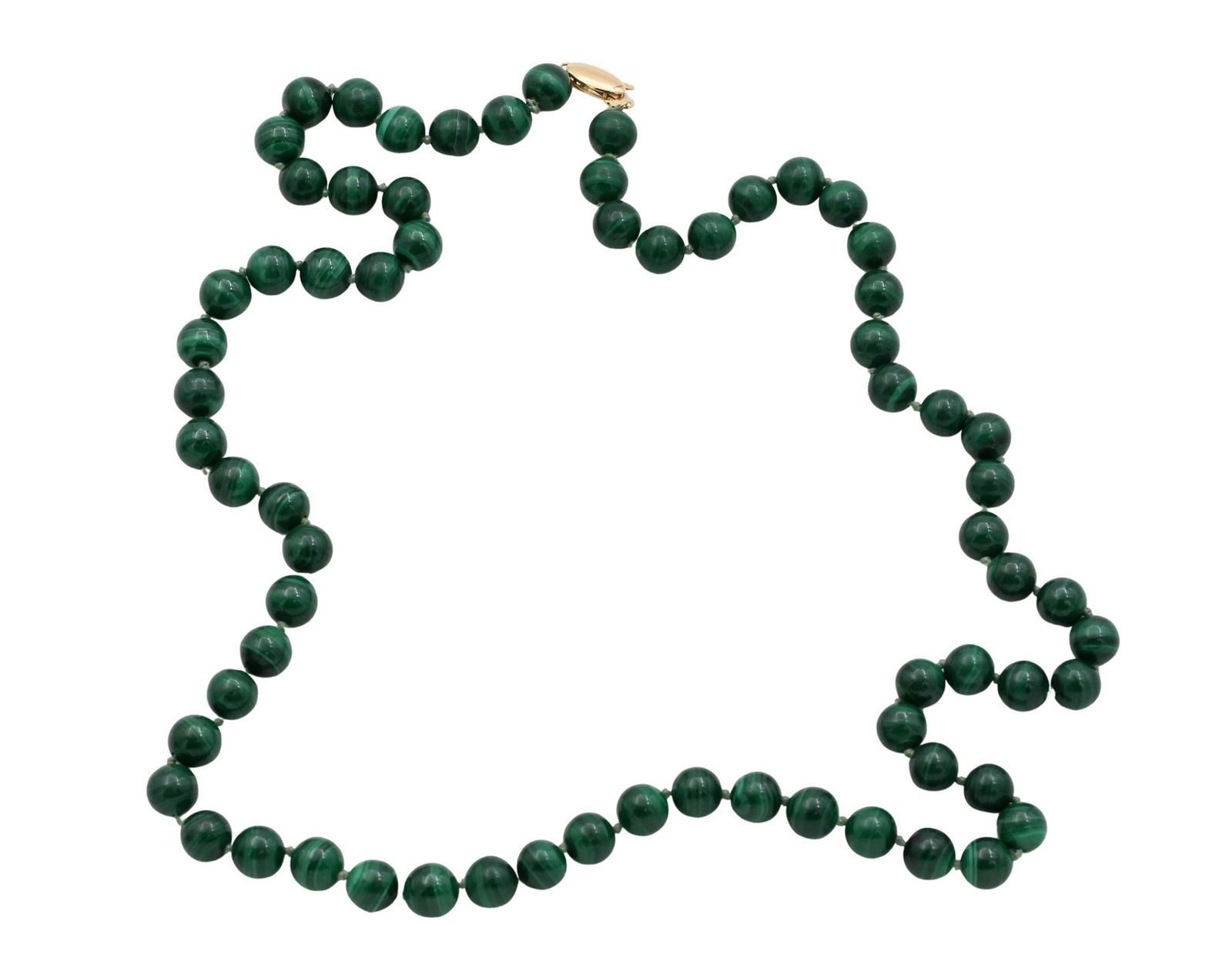 14K Gold Clasp Malachite Bead Necklace: 14K Gold Clasp Malachite Bead Necklace Strand of polished malachite beads measuring approximately 7.6 mm in diameter, completed with a 14K yellow gold clasp; marked "14K." Length 25 inches.