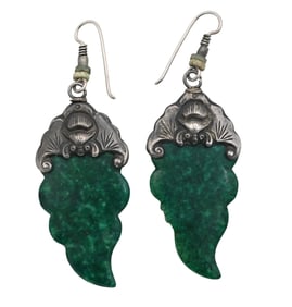Pair of Sterling Silver and Green Hardstone Earrings