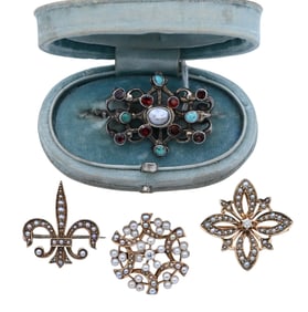 Four 14K Yellow Gold Victorian to Edwardian Style Seed Pearl Brooches