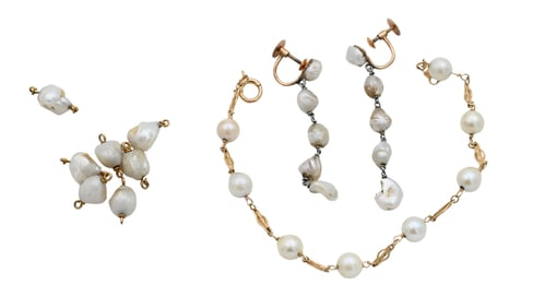 14K Yellow Gold Pearl and Earrings Group