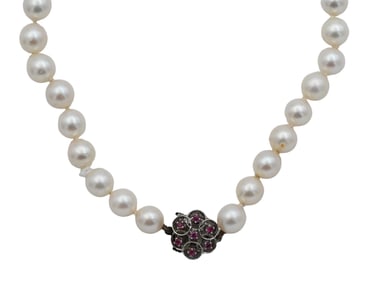 Strand of Pearls with 14K White Gold and Pink Stone Flower Form Clasp