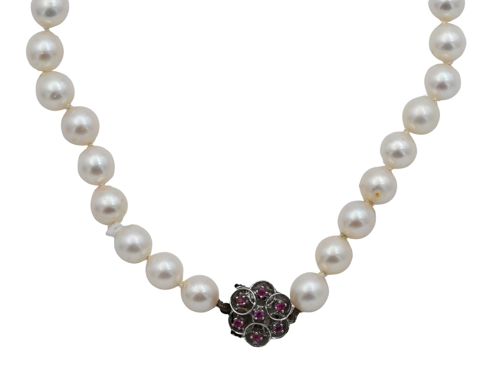 Strand of Pearls with 14K White Gold and Pink Stone Flower Form Clasp (1 of 4)
