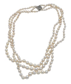 14K White Gold Clasp Three Strand Pearl Necklace