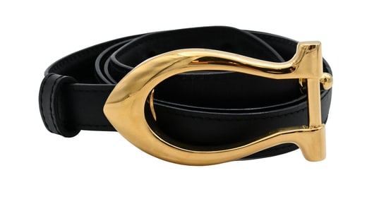 Cartier Black Leather and Gold-Tone Stirrup Belt