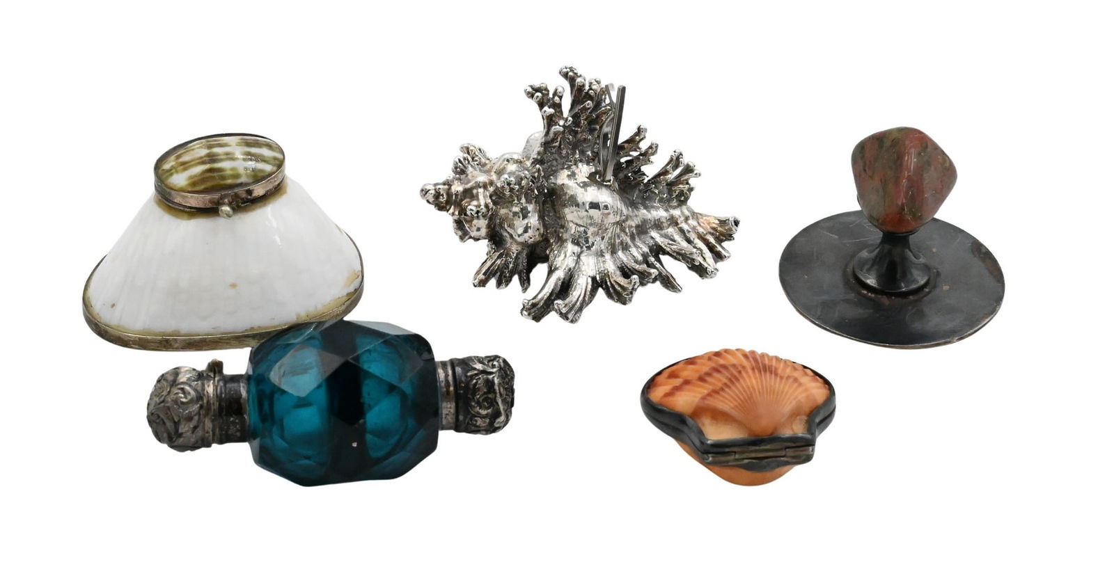 Antique Double Ended Perfume Bottle: Antique Double Ended Perfume Bottle one end having stopper, cobalt blue glass having sterling ends, along with two shell trinket / pill boxes, and a silver & jasper bloodstone paperweight