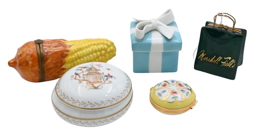 Group of Five Limoges for Tiffany and Co. Hand-Painted Porcelain Boxes
