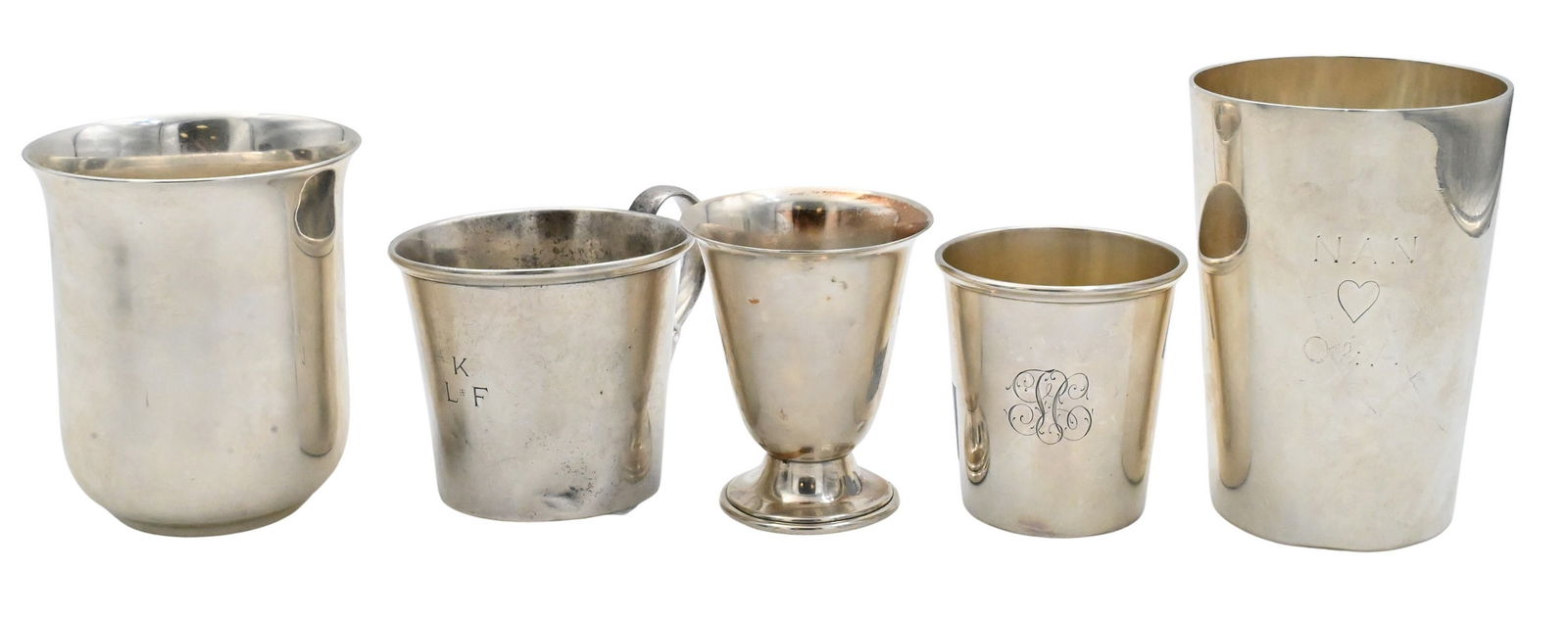 Five Sterling Silver Cups: Five Sterling Silver Cups to include one with handle, one trophy, and one marked 900 on bottom tallest 4 1/2 inches, 17.6 t.oz. total weight