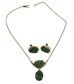 Three Piece 14K Yellow Gold and Jade Set