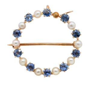 14K Yellow Gold Sapphire and Pearl Brooch