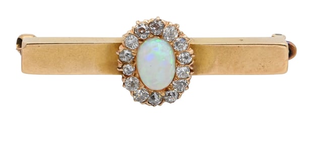 14K Yellow Gold Opal and Diamond Bar Pin / Brooch